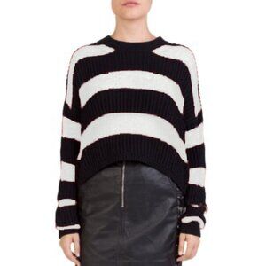 The Kooples Black White Striped Cropped Sheer Knit Sweater